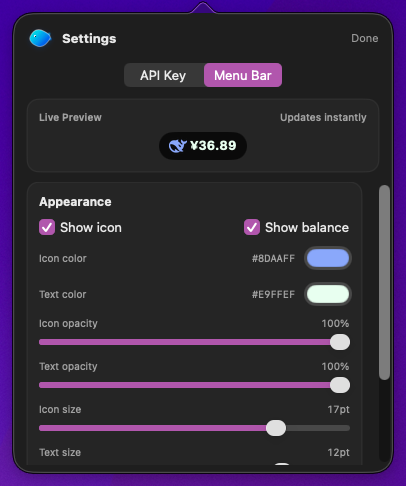 DeepSeek Monitor menu bar settings